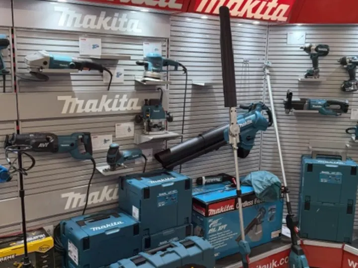 Makita cordless garden and power tool wall in the shop