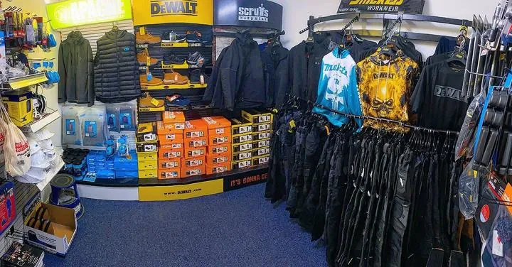 Workwear and safety boots wall in the Hull Power Tools shop